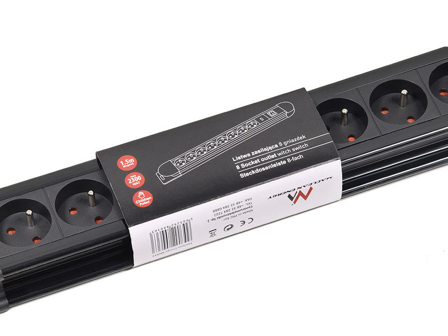 Listwa zasilająca Maclean, przedłużacz 8 gniazd, 1 włącznik, zabezpieczenie przepięciowe, 1,5m MCE11