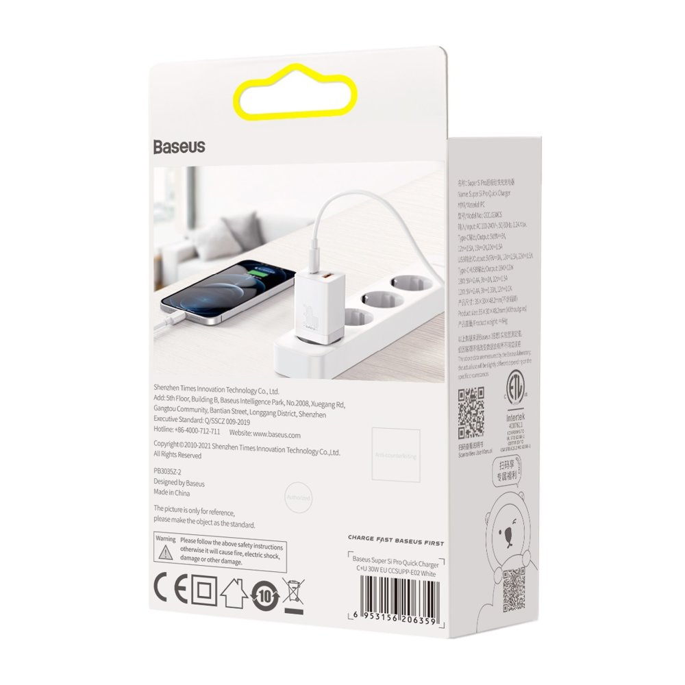 Ładowarka sieciowa Baseus Super Si Pro Quick Charger USB + USB TYP-C 30W - biała (CCSUPP-E02)