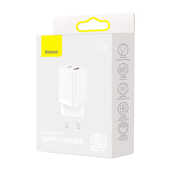 Zdjęcie produktu: Ładowarka sieciowa Baseus Super Si Pro Quick Charger USB + USB TYP-C 30W - biała (CCSUPP-E02)