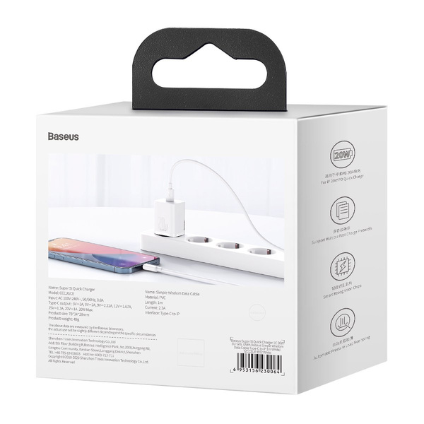 Zdjęcie produktu: Ładowarka sieciowa Baseus Super Si Quick Charger 1C 20W z przewodem USB TYP-C do Lightning 1m - biała (TZCCSUP-B02)