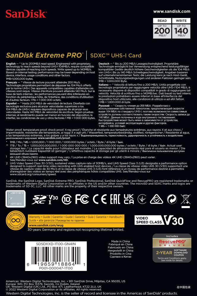 SanDisk Extreme PRO SDXC 1TB 200/140 MB/s