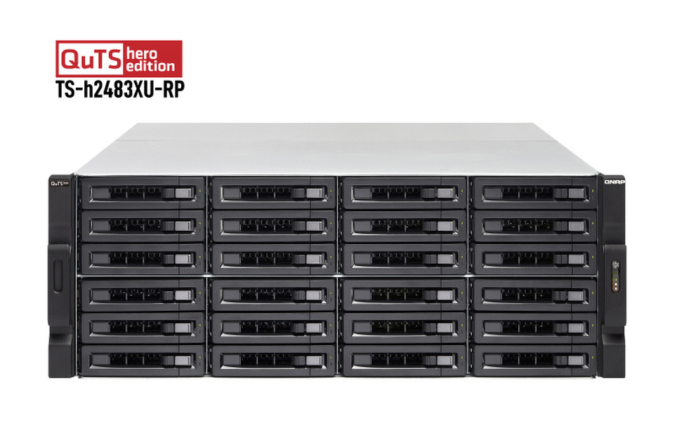 Zdjęcie produktu: Serwer plików QNAP TS-h2483XU-RP-E2236-128G 24-bay, 4U, Intel Xeon E E-2236 6-core, 128 GB UDIMM DDR4, 2x10GbE SFP+, 2x10GbE, 4x1GbE 3.2, 5xPCIe, 2x800W