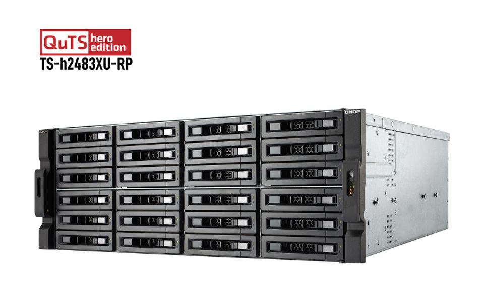 Zdjęcie produktu: Serwer plików QNAP TS-h2483XU-RP-E2236-128G 24-bay, 4U, Intel Xeon E E-2236 6-core, 128 GB UDIMM DDR4, 2x10GbE SFP+, 2x10GbE, 4x1GbE 3.2, 5xPCIe, 2x800W