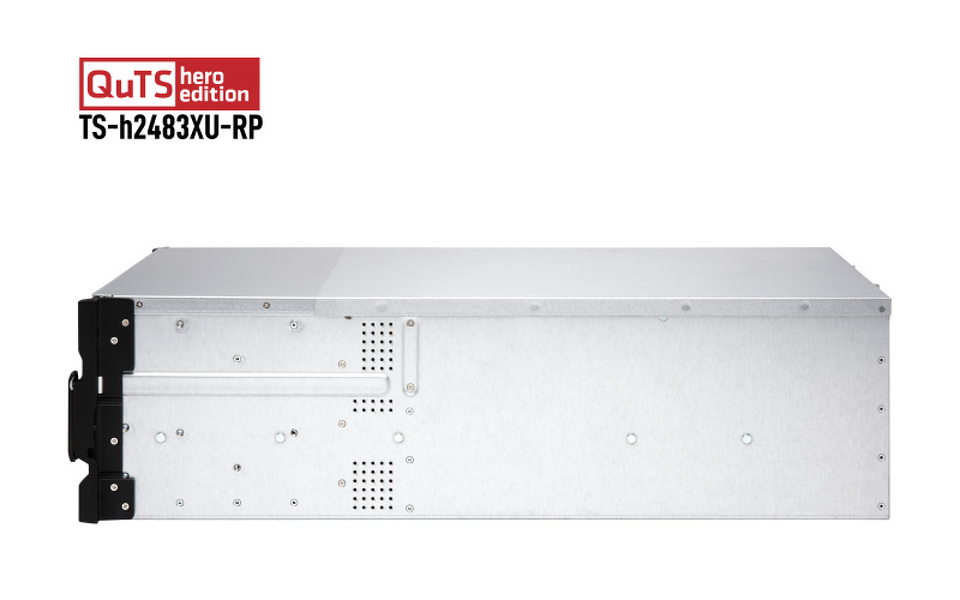 Zdjęcie produktu: Serwer plików QNAP TS-h2483XU-RP-E2236-128G 24-bay, 4U, Intel Xeon E E-2236 6-core, 128 GB UDIMM DDR4, 2x10GbE SFP+, 2x10GbE, 4x1GbE 3.2, 5xPCIe, 2x800W