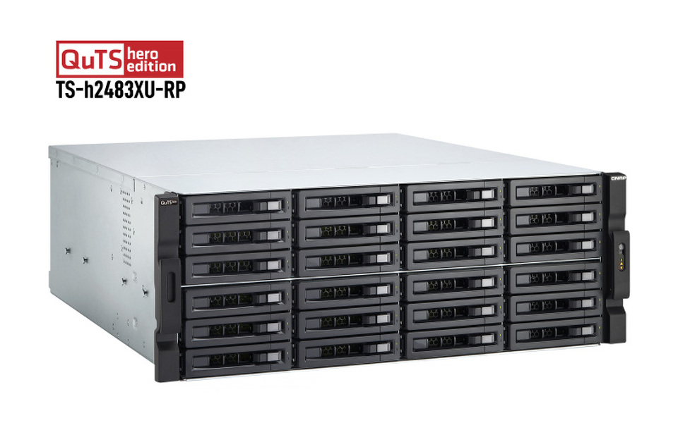 Zdjęcie produktu: Serwer plików QNAP TS-h2483XU-RP-E2236-128G 24-bay, 4U, Intel Xeon E E-2236 6-core, 128 GB UDIMM DDR4, 2x10GbE SFP+, 2x10GbE, 4x1GbE 3.2, 5xPCIe, 2x800W