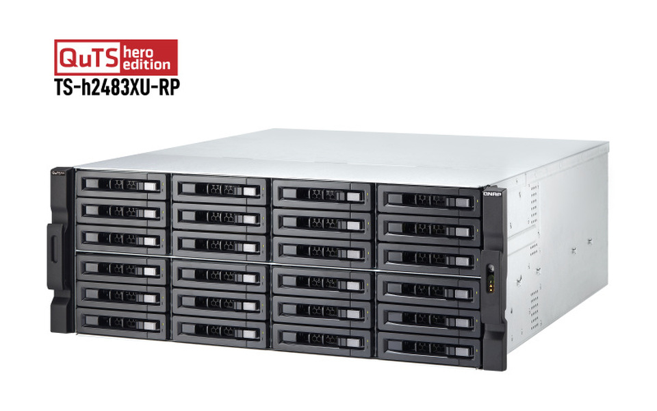Zdjęcie produktu: Serwer plików QNAP TS-h2483XU-RP-E2236-128G 24-bay, 4U, Intel Xeon E E-2236 6-core, 128 GB UDIMM DDR4, 2x10GbE SFP+, 2x10GbE, 4x1GbE 3.2, 5xPCIe, 2x800W