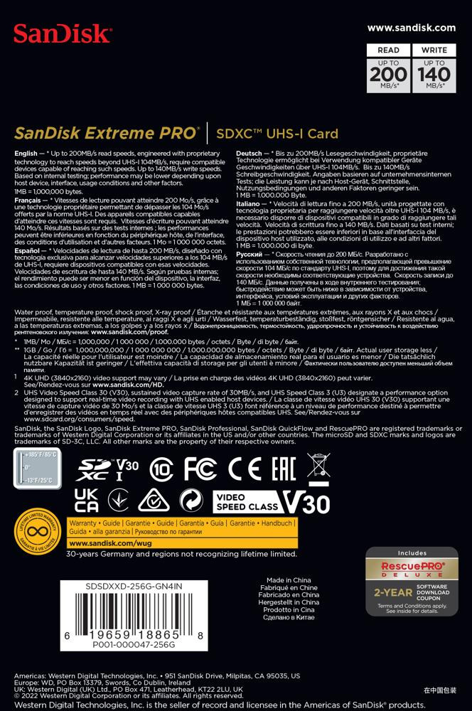 SanDisk Extreme PRO SDXC 256GB 200/140 MB/s