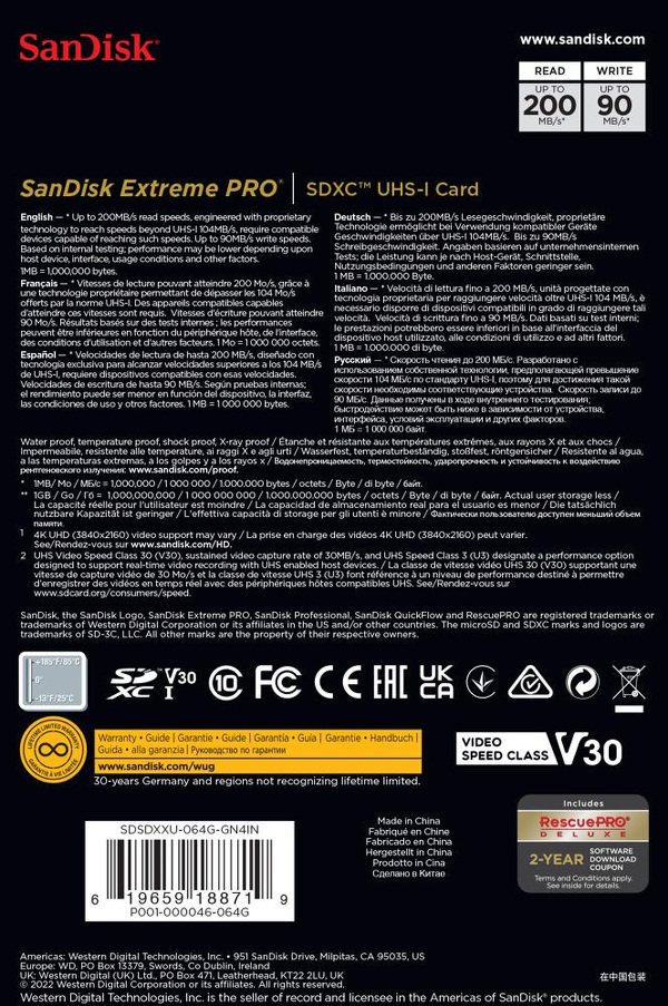 Zdjęcie produktu: Karta SanDisk Extreme PRO SDXC 64GB 200/90 MB/s C10 V30 UHS-I U3 (SDSDXXU-064G-GN4IN)