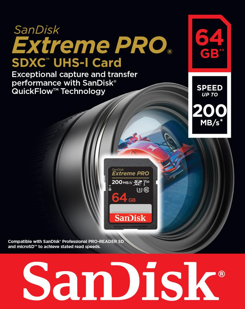 Karta SanDisk Extreme PRO SDXC 64GB 200/90 MB/s C10 V30 UHS-I U3 (SDSDXXU-064G-GN4IN)