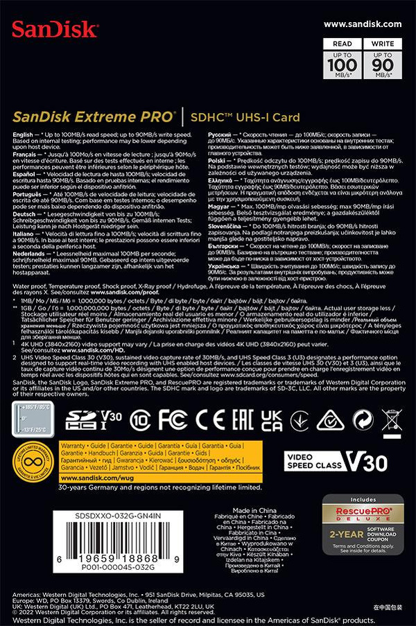 Zdjęcie produktu: Karta SanDisk Extreme PRO SDHC 32GB 100/90 MB/s C10 V30 UHS-I U3 (SDSDXXO-032G-GN4IN)