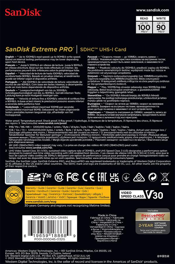 Karta SanDisk Extreme PRO SDHC 32GB 100/90 MB/s C10 V30 UHS-I U3 (SDSDXXO-032G-GN4IN)