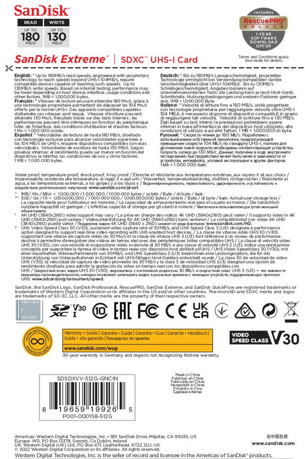 Zdjęcie produktu: SanDisk Extreme SDXC 512GB 180/130 MB/s