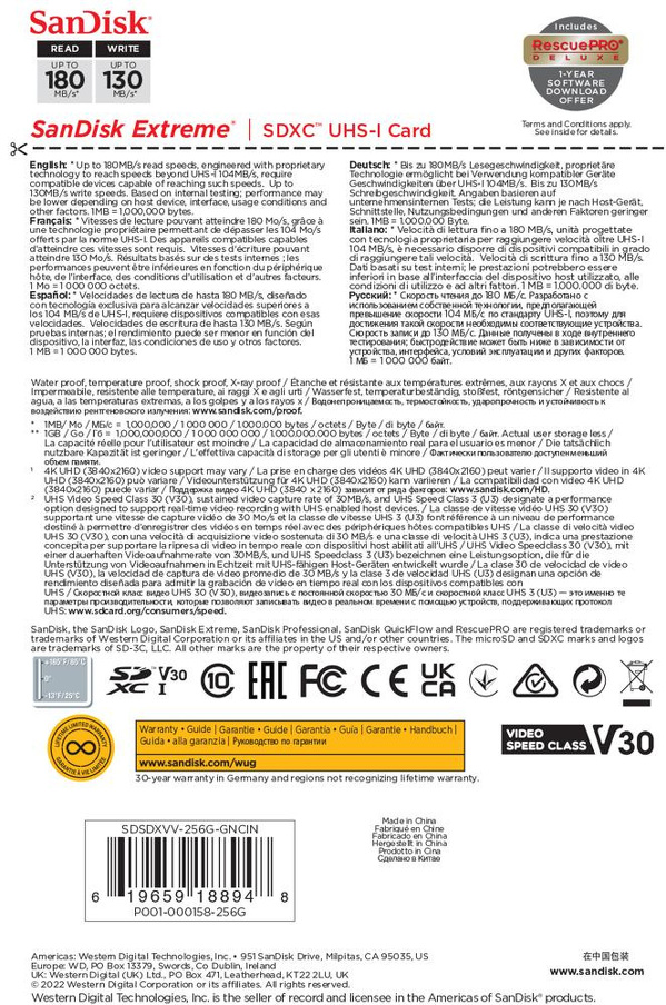Zdjęcie produktu: SanDisk Extreme SDXC 256GB 180/130 MB/s