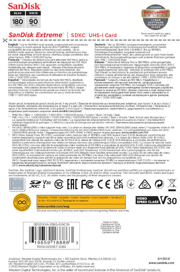 Zdjęcie produktu: SanDisk Extreme SDXC 128GB 180/90 MB/s