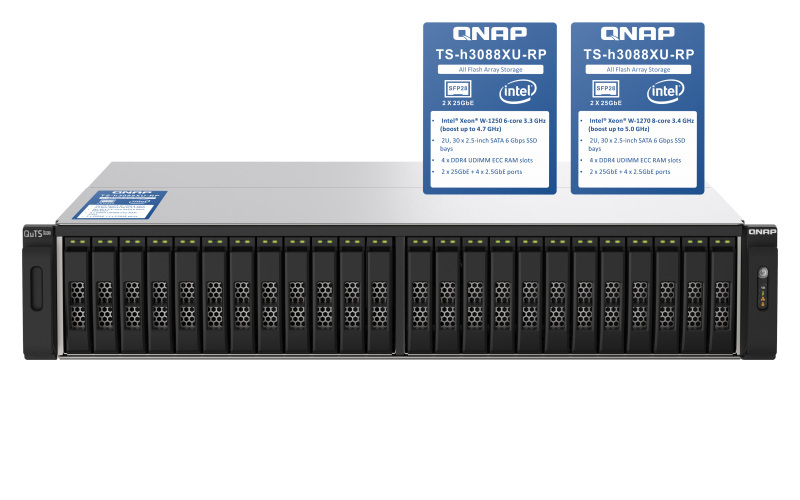 Serwer plików QNAP TS-h3088XU-RP-W1270-64G 30-bay 2,5", 2U, Intel Xeon W-1270 8-core 5.0 GHz, 64 GB UDIMM DDR4, 2x25GbE SFP+, 4x2,5GbE, 4xUSB3.2, 3xPCIe, HDMI, 2x550W