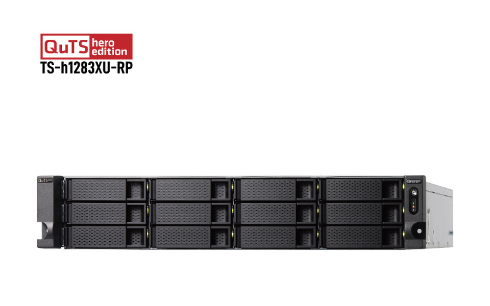Zdjęcie produktu: Serwer plików QNAP TS-h1283XU-RP-E2236-32G 12-bay, 2U, Intel Xeon E E-2136/E-2236 6-core, 32 GB UDIMM DDR4, 2x10GbE SFP+, 4x1GbE, 4xPCIe, 6xUSB 3.2 Gen 2, 2x500W