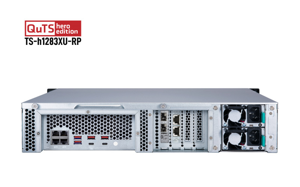 Zdjęcie produktu: Serwer plików QNAP TS-h1283XU-RP-E2236-32G 12-bay, 2U, Intel Xeon E E-2136/E-2236 6-core, 32 GB UDIMM DDR4, 2x10GbE SFP+, 4x1GbE, 4xPCIe, 6xUSB 3.2 Gen 2, 2x500W