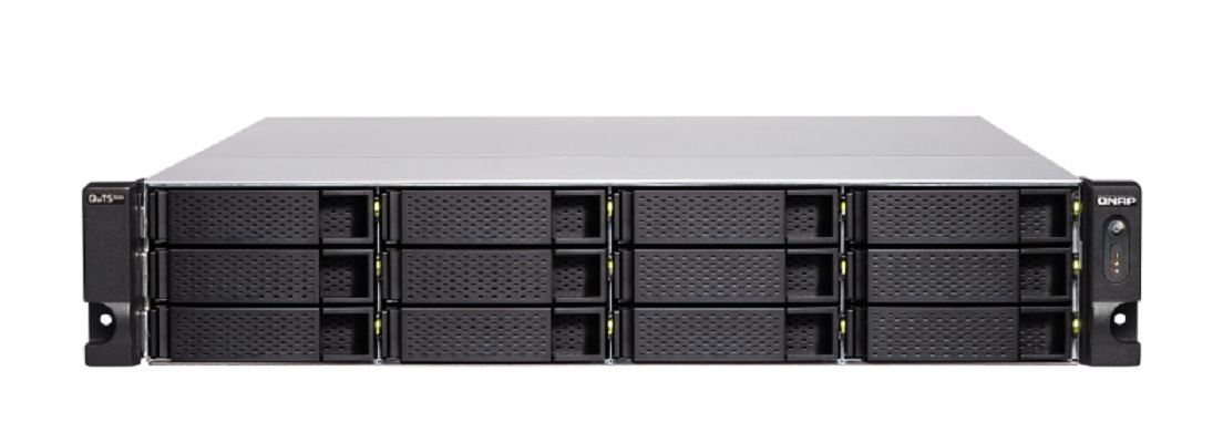 Serwer plików QNAP TS-h1283XU-RP-E2236-32G 12-bay, 2U, Intel Xeon E E-2136/E-2236 6-core, 32 GB UDIMM DDR4, 2x10GbE SFP+, 4x1GbE, 4xPCIe, 6xUSB 3.2 Gen 2, 2x500W