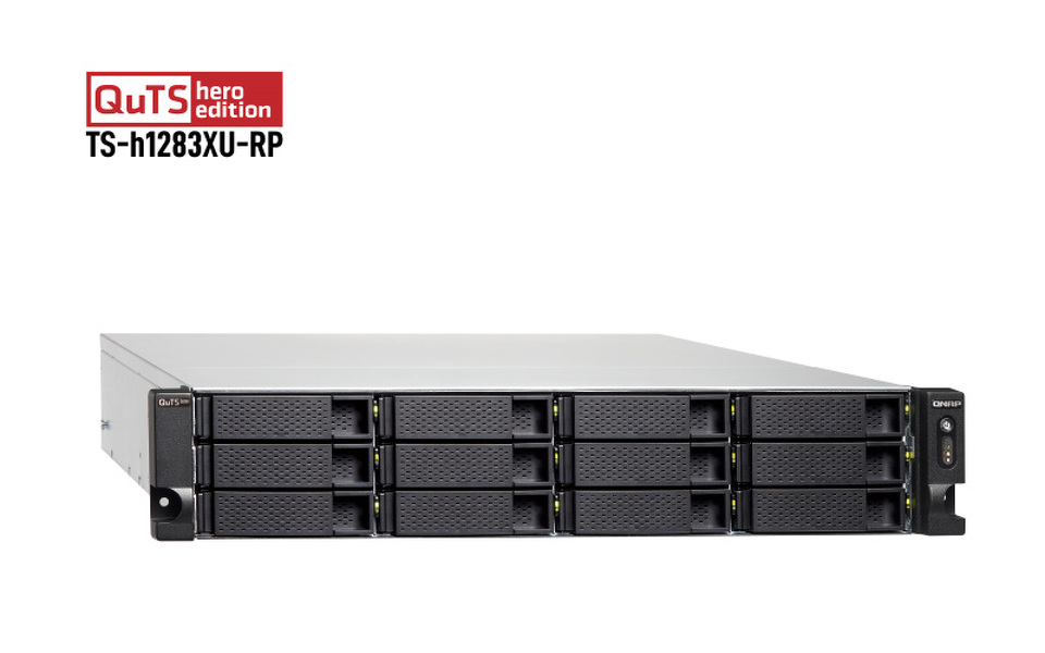 Zdjęcie produktu: Serwer plików QNAP TS-h1283XU-RP-E2136-32G 12-bay, 2U, Intel Xeon E E-2136 6-core, 32 GB UDIMM DDR4, 2x10GbE SFP+, 4x1GbE, 4xPCIe, 6xUSB 3.2 Gen 2, 2x500W