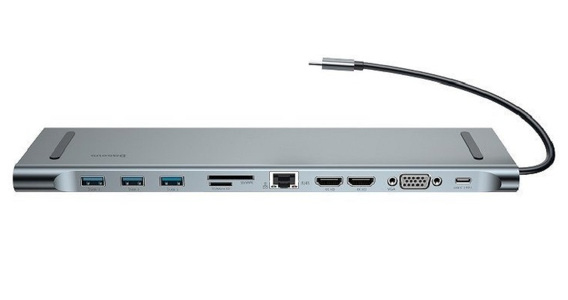 Miniatura produktu: Hub 11w1 Baseus Enjoyment, HUB USB-C do 2x HDMI, 3x USB 3.0, VGA, RJ45, USB-C PD, SD/microSD, jack 3,5mm (CATSX-G0G)