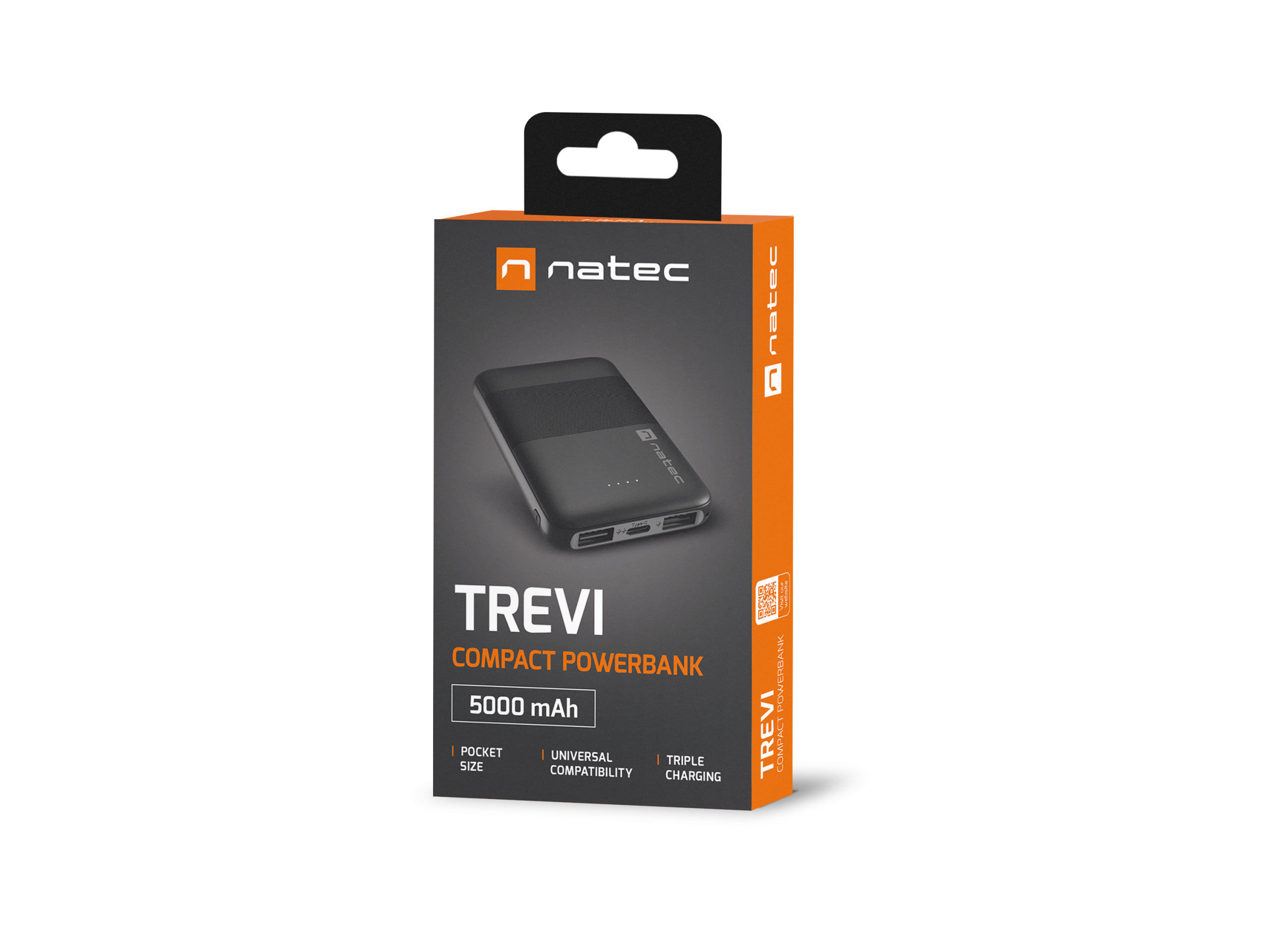 Powerbank Natec Trevi Compact, 5000mAh, 2x USB + 1x USB TYP-C czarny