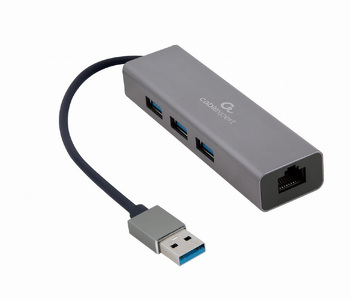 Miniatura produktu: Gembird Adapter USB-AM do LAN Gigabit HUB USB 3.0 x3 czarny A-AMU3-LAN-01
