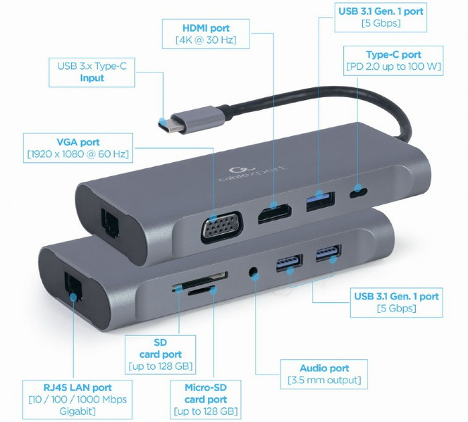 Zdjęcie produktu: Gembird Multi Port Adapter USB Type C Hub3.0 HDMI VGA A-CM-COMBO7-01