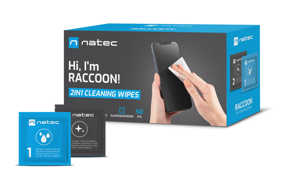Zdjęcie produktu: Chusteczka czyszczące Natec Raccoon 2in1 cleaning wipes wet-dry 50-pack Zdjęcie produktu: Chusteczka czyszczące Natec Raccoon 2in1 cleaning wipes wet-dry 50-pack