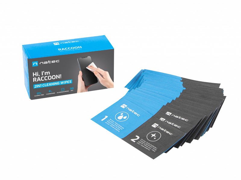 Zdjęcie produktu: Chusteczka czyszczące Natec Raccoon 2in1 cleaning wipes wet-dry 50-pack Zdjęcie produktu: Chusteczka czyszczące Natec Raccoon 2in1 cleaning wipes wet-dry 50-pack
