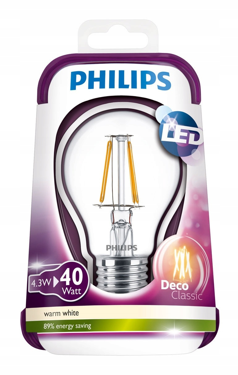 Philips LED Filament 4.3W E27 WW A60 CL ND/4