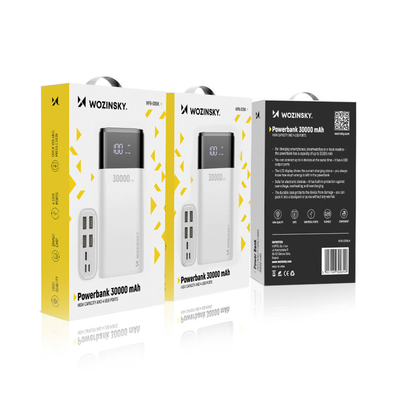 Powerbank Wozinsky 30000mAh, 4xUSB z wyświetlaczem LCD 2 A - biały (WPB-001WE)