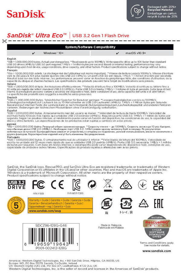 Zdjęcie produktu: Pendrive SanDisk Ultra Eco 128GB Flash Drive 100MB/s USB 3.2 (SDCZ96-128G-G46)
