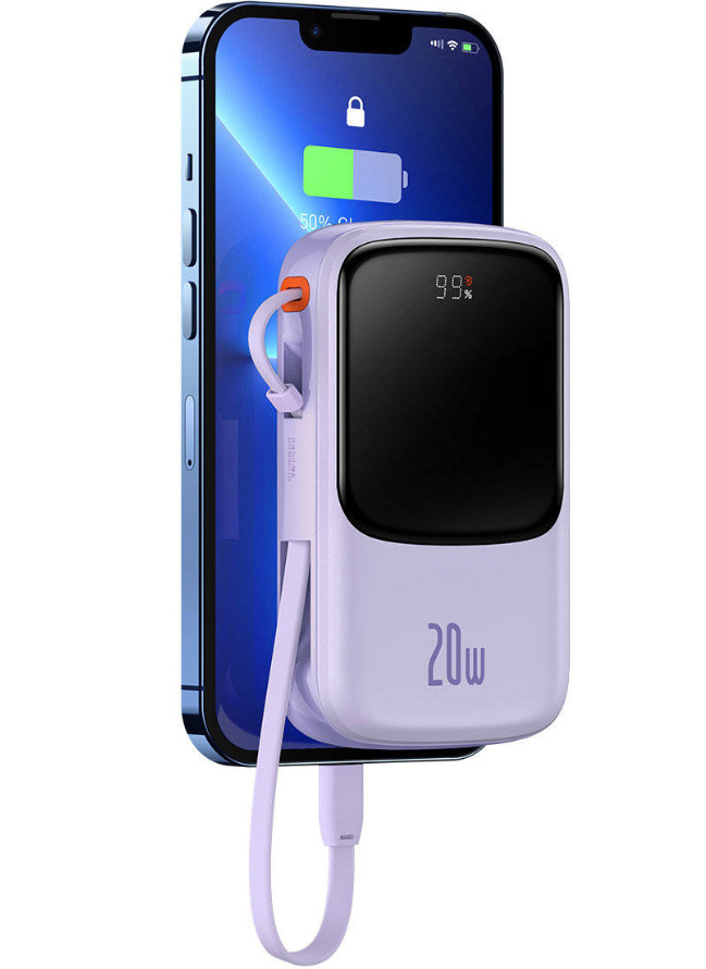 Powerbank Baseus Qpow PRO z kablem Lightning, USB TYP-C, USB, 10000mAh, 20W - fioletowy (PPQD020005)
