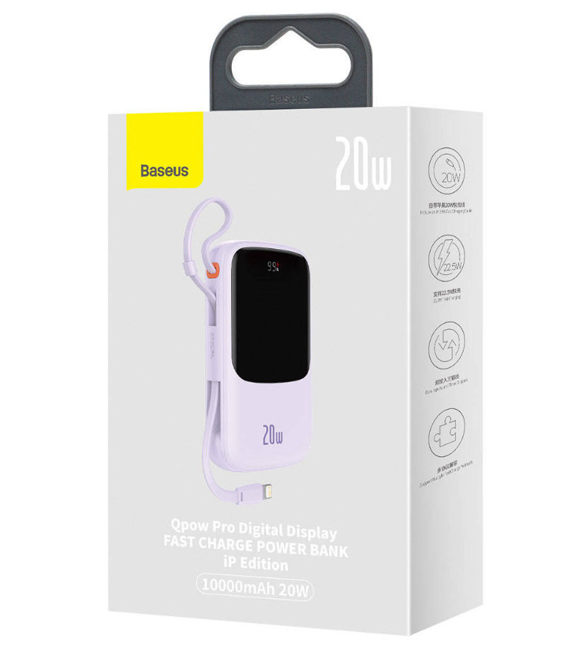 Powerbank Baseus Qpow PRO z kablem Lightning, USB TYP-C, USB, 10000mAh, 20W - fioletowy (PPQD020005)