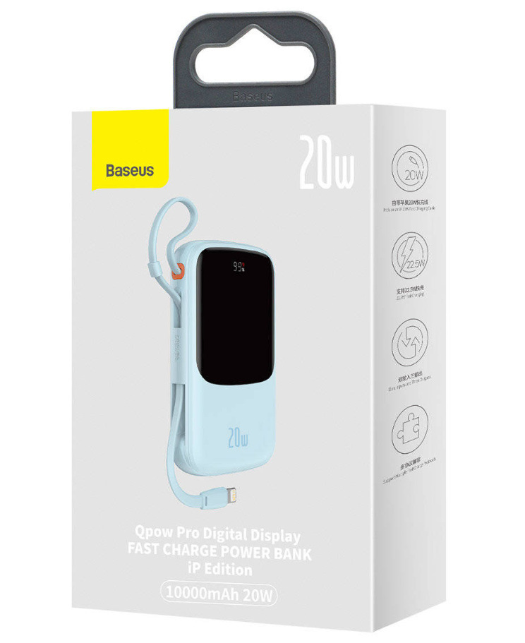 Powerbank Baseus Qpow PRO z kablem Lightning, USB TYP-C, USB, 10000mAh, 20W - niebieski (PPQD020003)