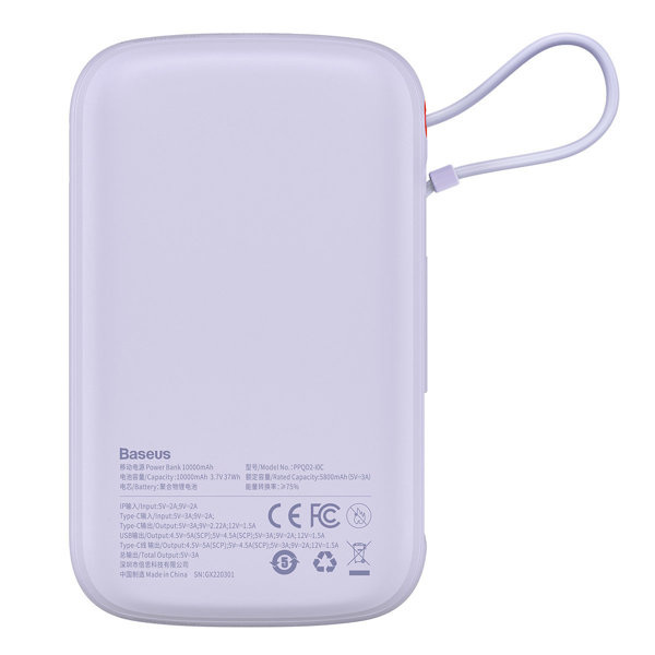 Powerbank Baseus Qpow PRO z kablem USB TYP-C, USB TYP-C, USB, 10000mAh, 22,5W - fioletowy (PPQD020105) Powerbank Baseus Qpow PRO z kablem USB TYP-C, USB TYP-C, USB, 10000mAh, 22,5W - fioletowy (PPQD020105)