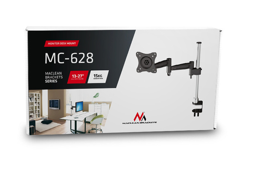 Zdjęcie produktu: Uchwyt biurkowy do monitora LCD Maclean na jeden monitor, podwójne ramię, VESA 75x75 oraz 100x100, 13-27", do 5kg - MC-628