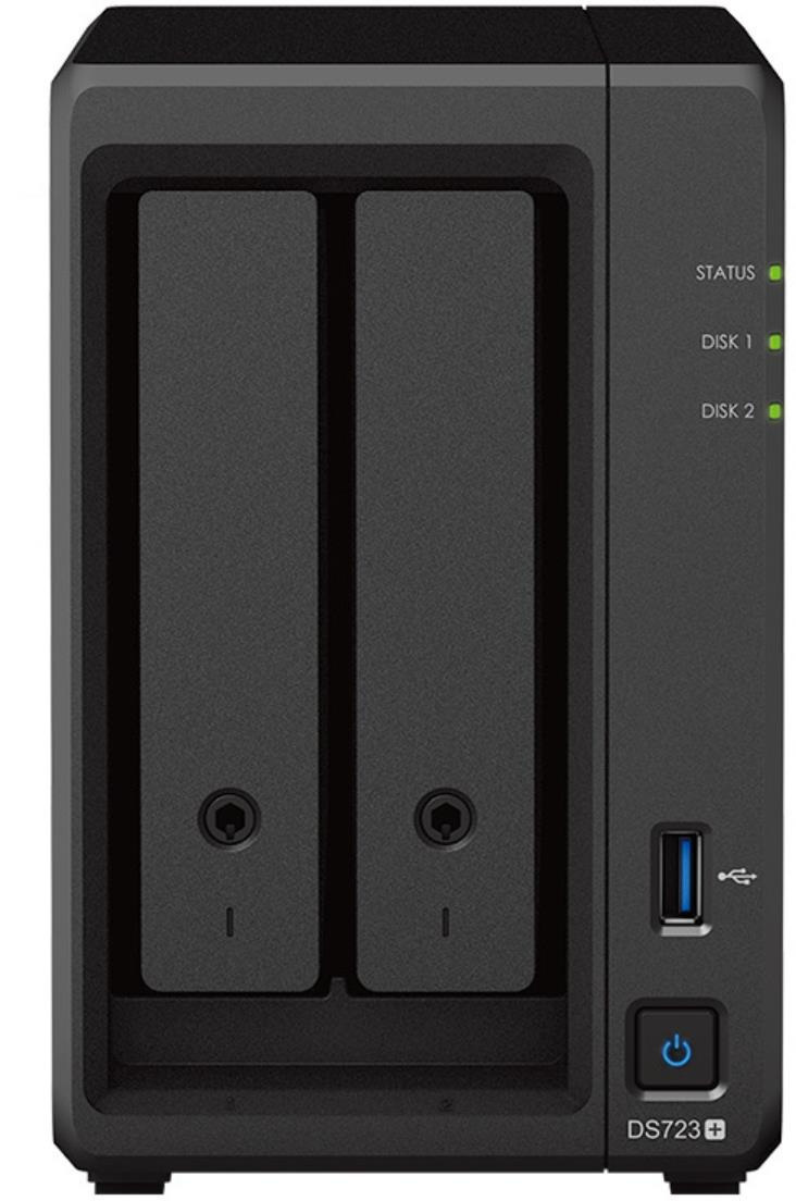 Serwer plików Synology DS723+ 2-bay, AMD Ryzen R1600 2-core 2.6 GHz, 2GB DDR4 RAM ECC, 2x M.2 2280 NVMe SSD, 2xGbE LAN, 2xUSB 3.2, 1xeSATA, PCIe 1 x Gen3 x2 network upgrade slot