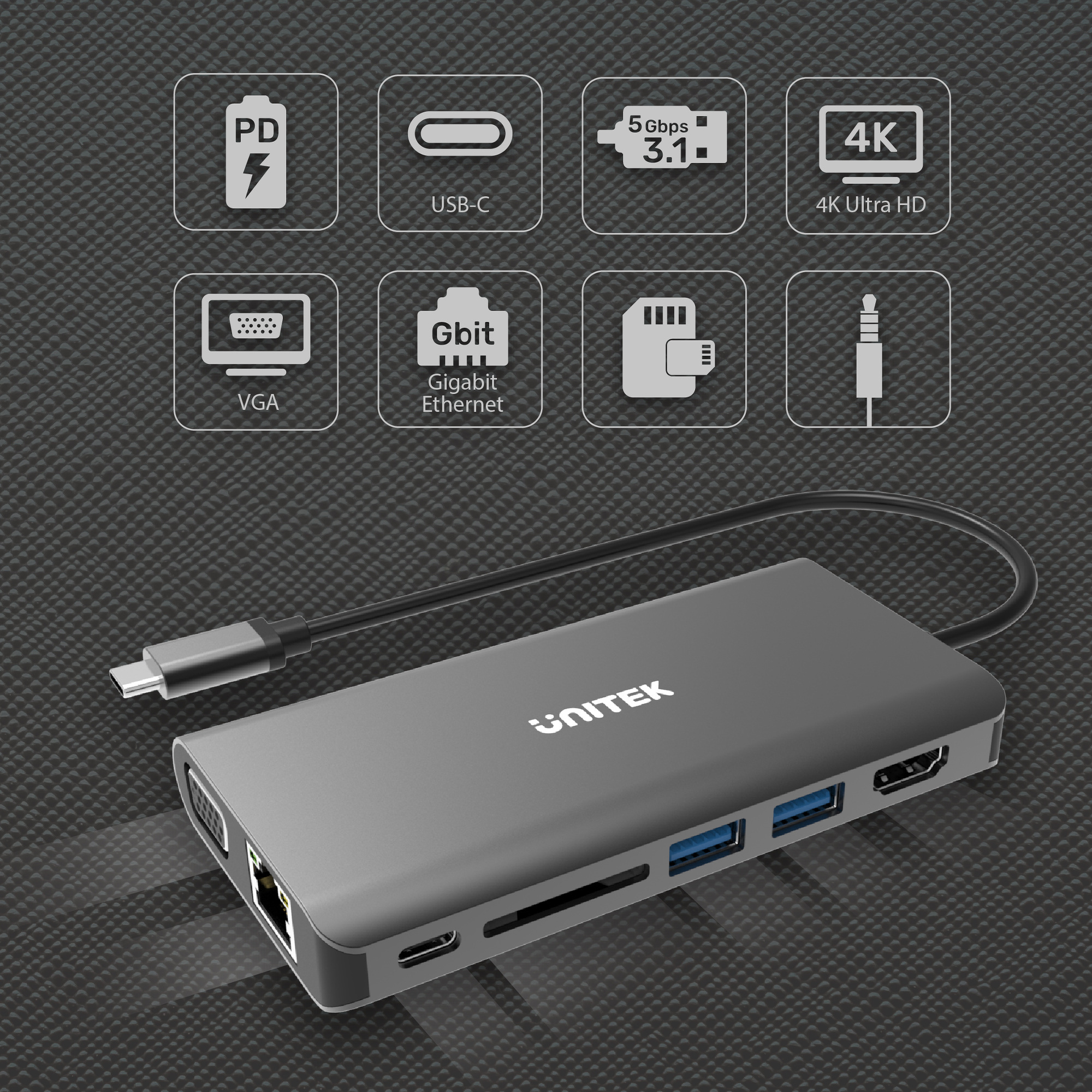 Unitek Hub USB TYP-C 8w1 100W (D1019B)