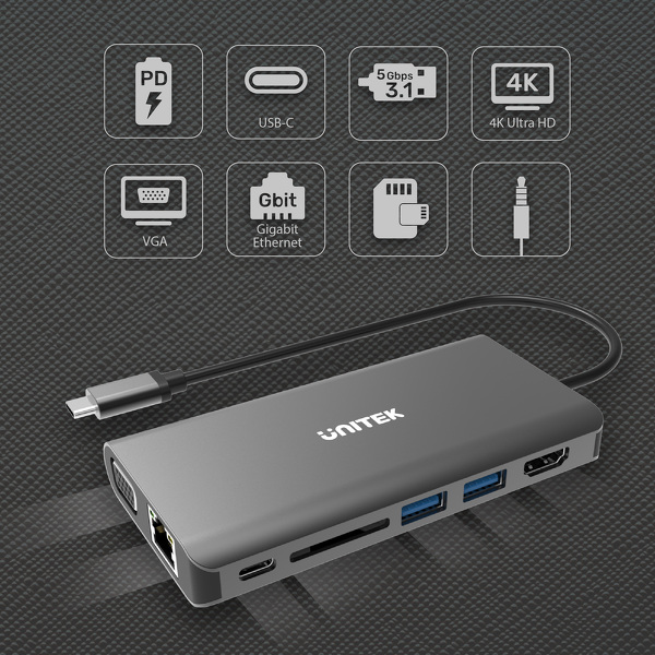 Zdjęcie produktu: Unitek Hub USB TYP-C 8w1 100W (D1019B)