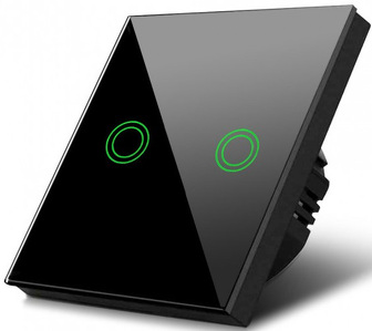 Miniatura produktu: Dotykowy włącznik światła Maclean, podwójny, schodowy, krzyżowy szklany, czarny z okrągłym podśw. przycisku, 86x86mm, MCE711B