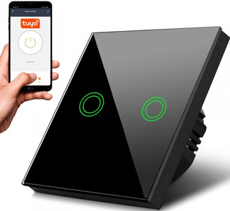 Miniatura produktu: Dotykowy włącznik światła Maclean, podwójny, SMART, Tuya APP, szklany, czarny z okrągłym podśw. przycisku, 86x86mm, MCE714B