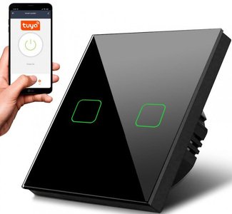 Miniatura produktu: Dotykowy włącznik światła Maclean, podwójny, SMART, Tuya APP, szklany, czarny z kwadratowym podśw. przycisku, 86x86mm, MCE717B
