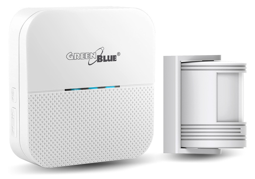 Zdjęcie produktu: Sygnalizator wejścia bezprzewodowy GreenBlue, czujnik ruchu, 52 melodie, biały, 230V AC, max 8 czujników, GB212