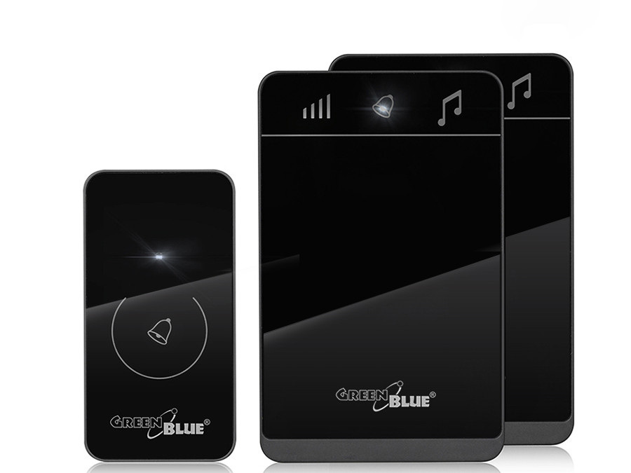 Dzwonek bezprzewodowy nadajnik-2 odbiorniki GreenBlue, 38 melodii, czarny, dotykowy, zasięg do 150m, GB112