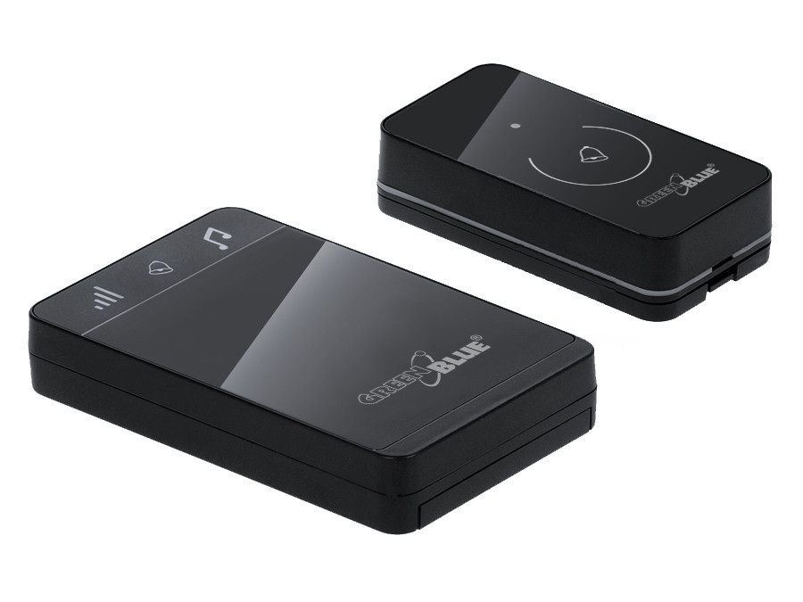 Dzwonek bezprzewodowy nadajnik-2 odbiorniki GreenBlue, 38 melodii, czarny, dotykowy, zasięg do 150m, GB112