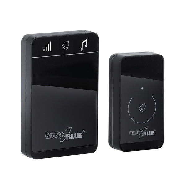 Zdjęcie produktu: Dzwonek bezprzewodowy nadajnik-2 odbiorniki GreenBlue, 38 melodii, czarny, dotykowy, zasięg do 150m, GB112