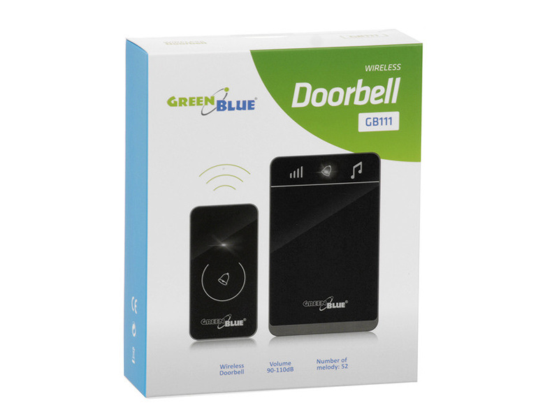 Zdjęcie produktu: Dzwonek bezprzewodowy nadajnik-2 odbiorniki GreenBlue, 38 melodii, czarny, dotykowy, zasięg do 150m, GB112