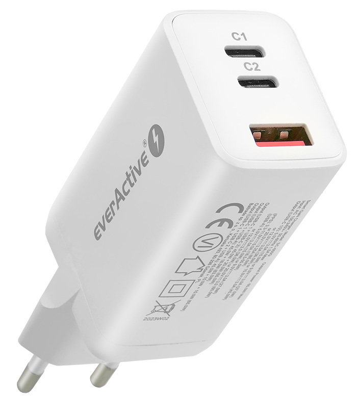 Ładowarka sieciowa everActive GaN SC-650Q z gniazdem USB QC4+ oraz 2x USB-C PD PPS 65W - biała Ładowarka sieciowa everActive GaN SC-650Q z gniazdem USB QC4+ oraz 2x USB-C PD PPS 65W - biała