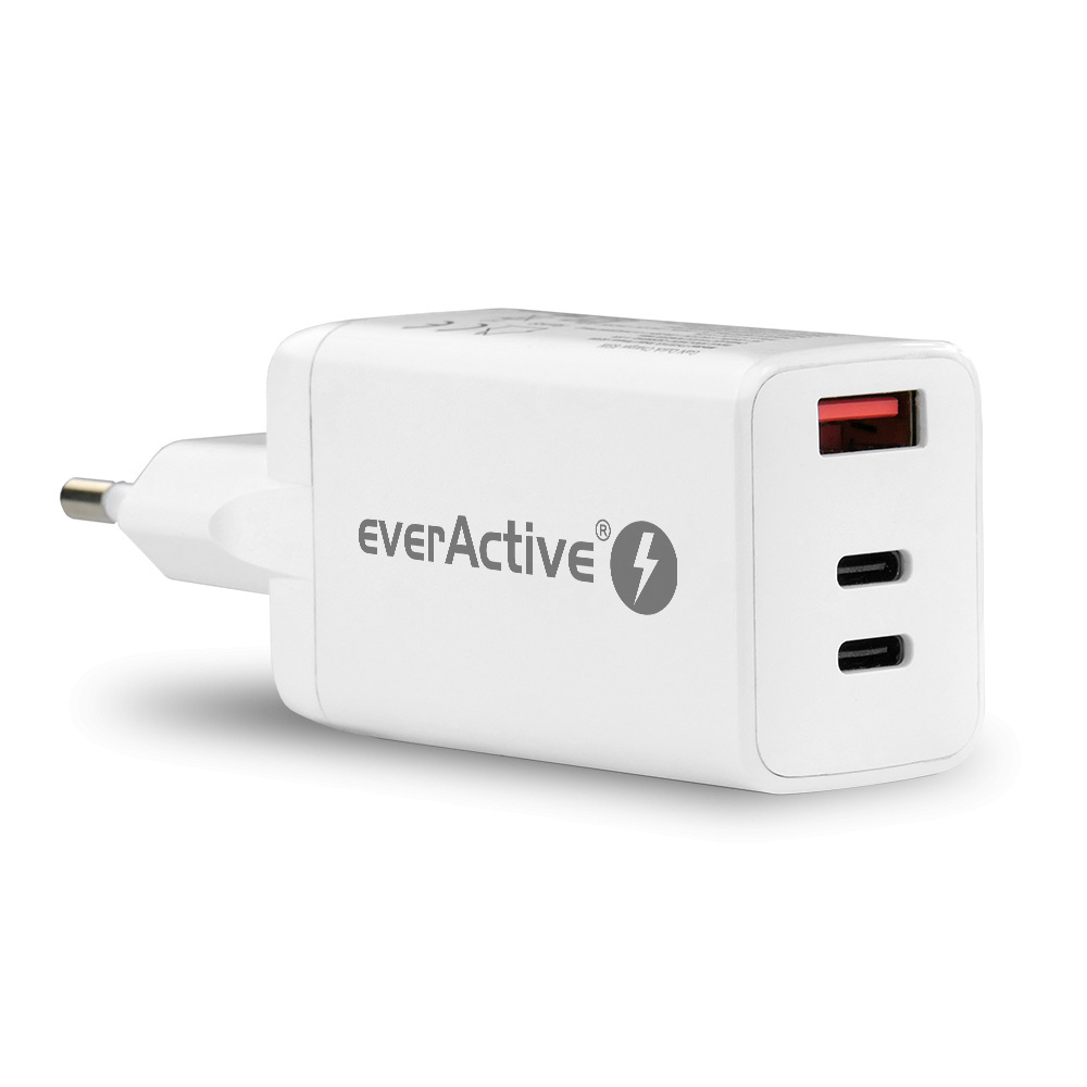 Ładowarka sieciowa everActive GaN SC-650Q z gniazdem USB QC4+ oraz 2x USB-C PD PPS 65W - biała Ładowarka sieciowa everActive GaN SC-650Q z gniazdem USB QC4+ oraz 2x USB-C PD PPS 65W - biała